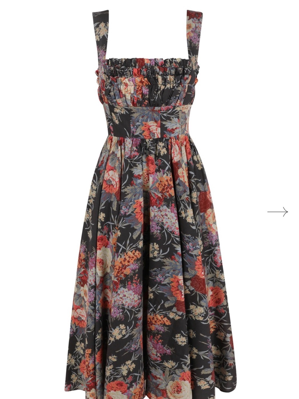 Black Floral Ruffled Midi Dress with Wide Straps